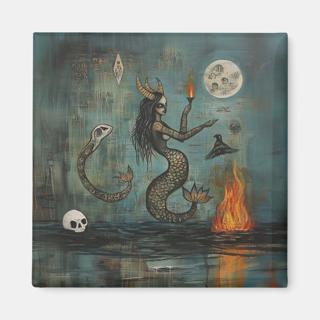 Horned Sjöjungfru Måne Occult Mörk Witchy AI Art Magnet (Framsidan)