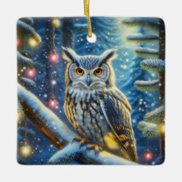 Horned Uggla i Snö täckte skog Julgransprydnad Keramik