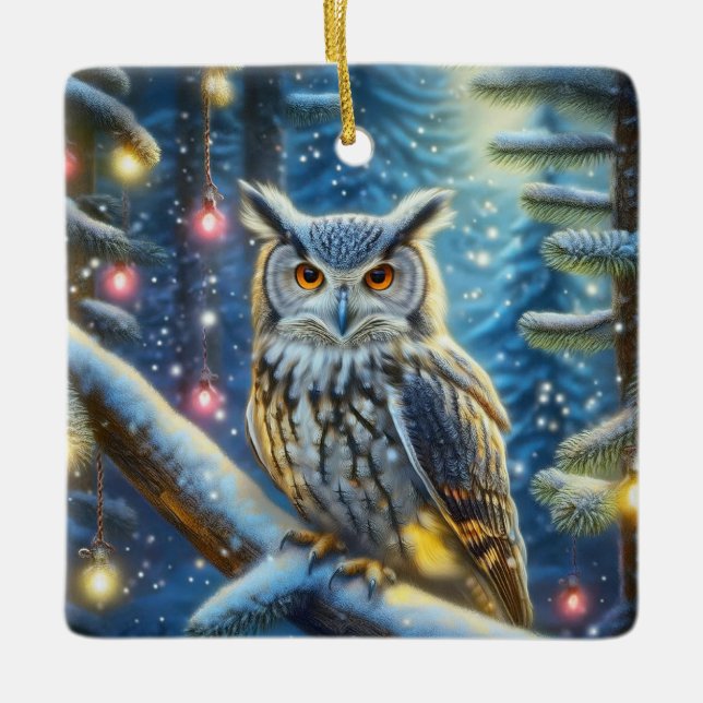 Horned Uggla i Snö täckte skog Julgransprydnad Keramik (Framsida)