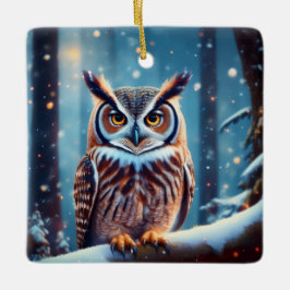 Horned Uggla i Snö täckte skog Julgransprydnad Keramik