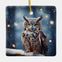 Horned Uggla i Snö täckte skog Julgransprydnad Keramik