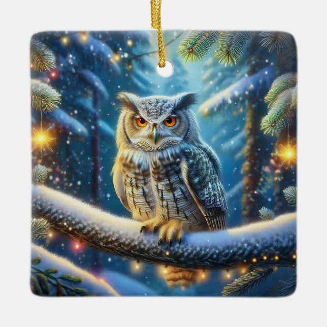 Horned Uggla i Snö täckte skog Julgransprydnad Keramik (Framsida)