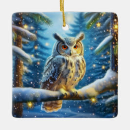 Horned Uggla i Snö täckte skog Julgransprydnad Keramik