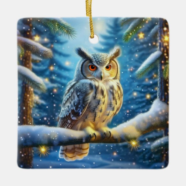 Horned Uggla i Snö täckte skog Julgransprydnad Keramik (Framsida)