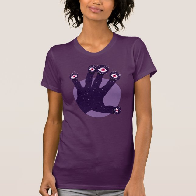 Horror Goth Lila Creepy Hand Konstig Ögon T Shirt (Framsida)