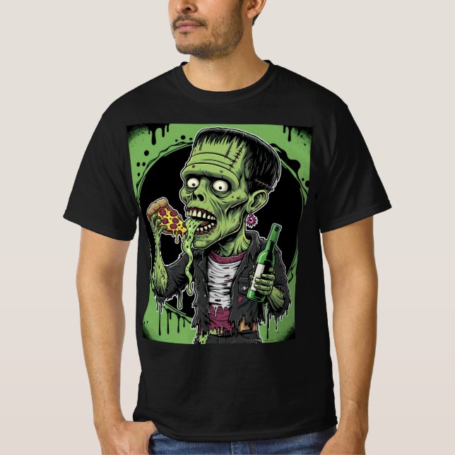 Horror Halloween Zombie: Frankenstein Pizza Horror T Shirt (Framsida)