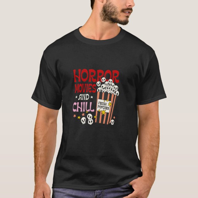 Horror Movies och Chill popcorn-skalle Hallow T Shirt (Framsida)