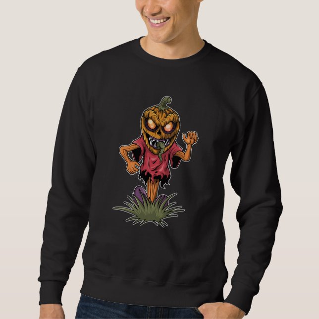 Horror Pumpkin Scarecrow Scary Illustration Gift Lång Ärmad Tröja (Framsida)