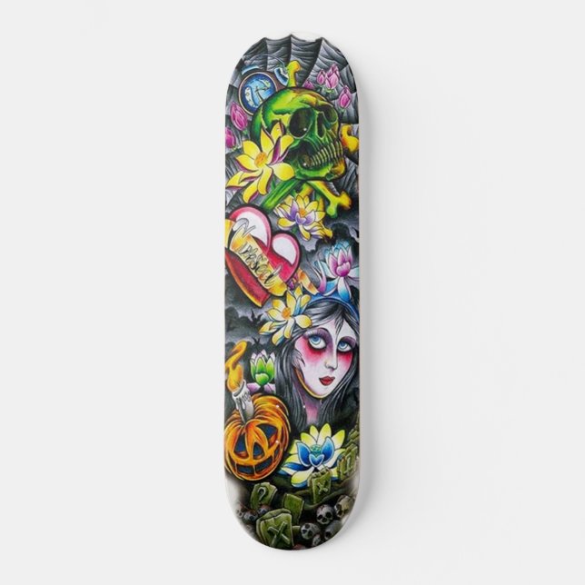 Horror Skull Girl Heart Flowers Pumpkin Skateboard (Framsida)