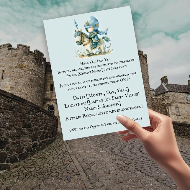 Hörru, hör på! Knight-Thmet Boy's 1st Birthday Inbjudningar (Hear Ye, Hear Ye! Knight-Themed Boy’s 1st Birthday Invitation)