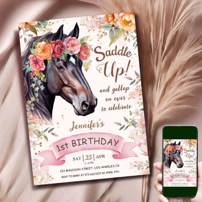 Horse 1:a födelsedagstjuvens Rosa Cowgirl Saddle U Inbjudningar (Skapare uppladdad)