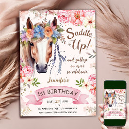 Horse 1st Birthday Girl Rosa Blommigt Cowgirl Inbjudningar