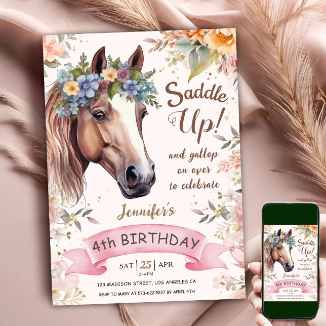 Horse 4e födelsedagen CowGirl Blommigt Saddle uppå Inbjudningar (Skapare uppladdad)
