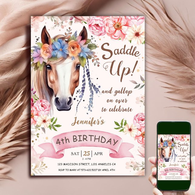 Horse 4e födelsedagen Girl Boho Flowers Saddle Up Inbjudningar (Skapare uppladdad)