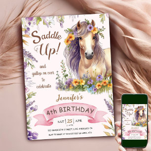 Horse 4e födelsedagen Girl Lila Blommigt Saddle in Inbjudningar