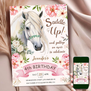 Horse 4e födelsedagen Girl Rosa Flowers Saddle Up Inbjudningar