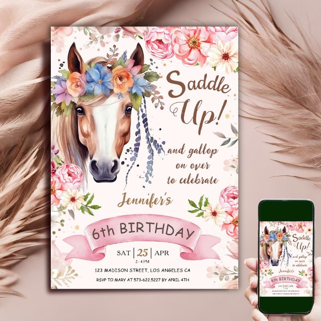Horse 6e Birthday Girl Boho Flowers Saddle Up Inbjudningar (Skapare uppladdad)