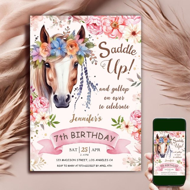 Horse 7:e Birthday Girl Boho Flowers Saddle Up Inbjudningar (Skapare uppladdad)