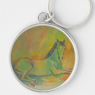 Horse Abstrakt Pastel Pet Porträtt Keychain Rund Silverfärgad Nyckelring