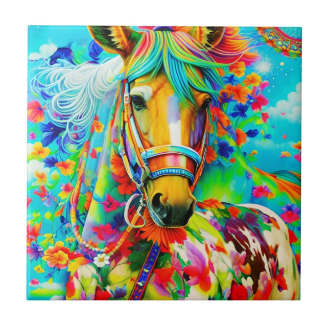 Horse Adorne med Flowers Kakelplatta (Framsidan)