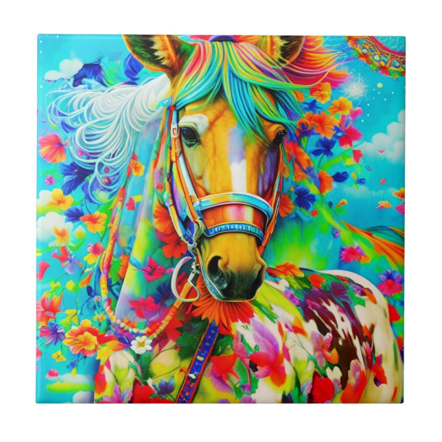 Horse Adorne med Flowers Kakelplatta (Framsidan)