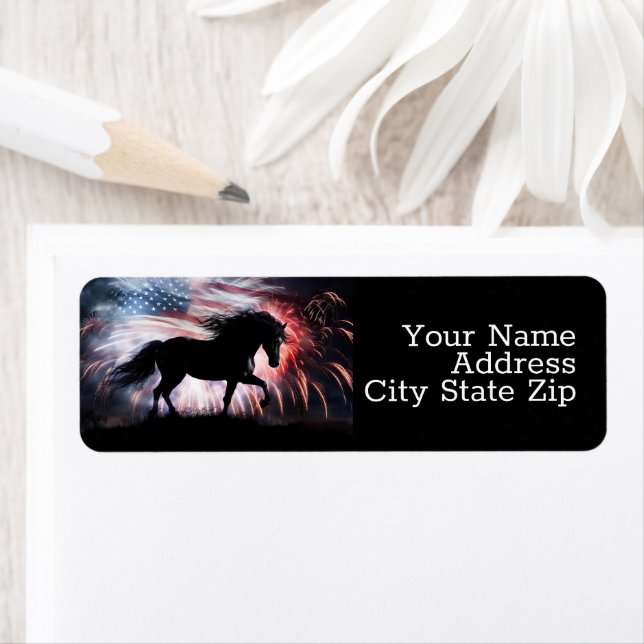 Horse American Flag och Fireworks Returadress Etikett (Insitu)