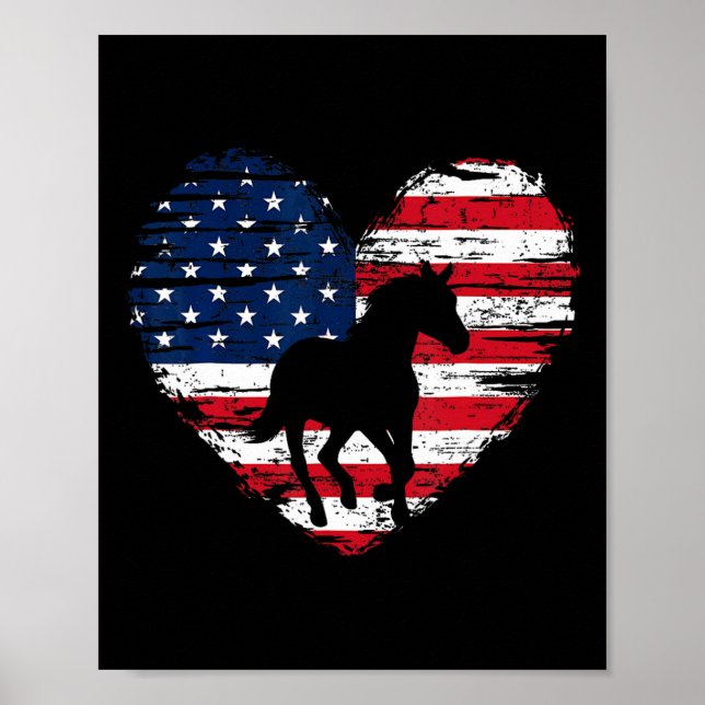 Horse American Flagga Heart 4 juli USA Patrioti Poster (Framsidan)