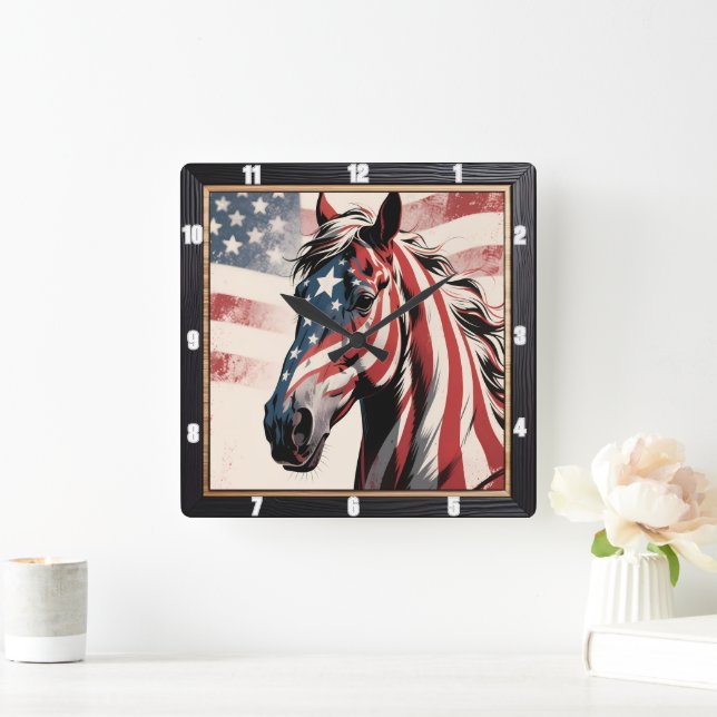 Horse American Flagga Patriotic Fyrkantig Klocka (Hem)
