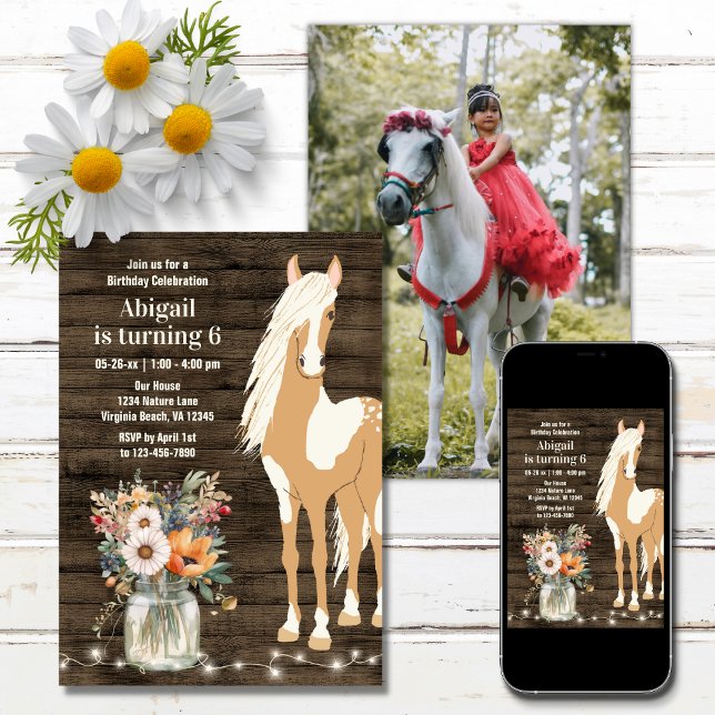 Horse and Flowers Rustic Wood Photo Birthday Inbjudningar (Skapare uppladdad)