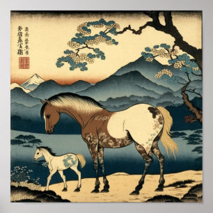 Horse and Foal: A Warm Image in Japan Woodblock Poster