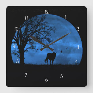 Horse and Full Moon Blue Beautiful Fyrkantig Klocka