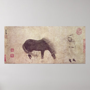 Horse and Groom in Winter Poster