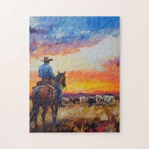 Horse and Rider Checking the Herd at Sunset Pussel
