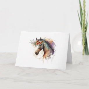 Horse ansikte med blomkrans kort