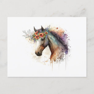 Horse ansikte med blomkrans vykort