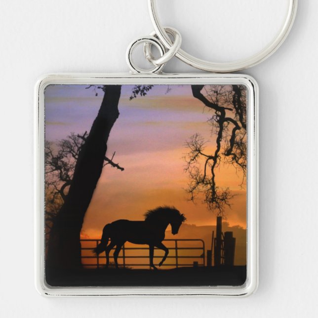 Horse Art Keychain Fyrkantig Silverfärgad Nyckelring (Framsidan)