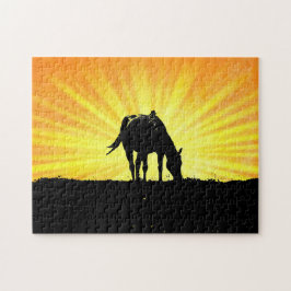 Horse Art Silhouette och Sol Burst Art Puzzle Pussel