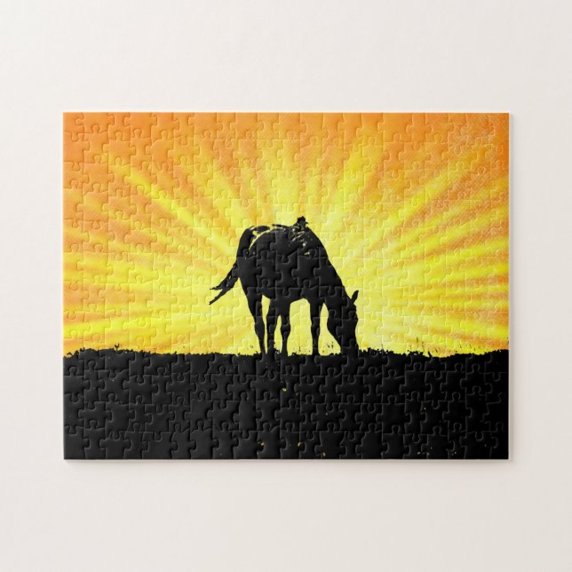 Horse Art Silhouette och Sol Burst Art Puzzle Pussel (Horisontell)
