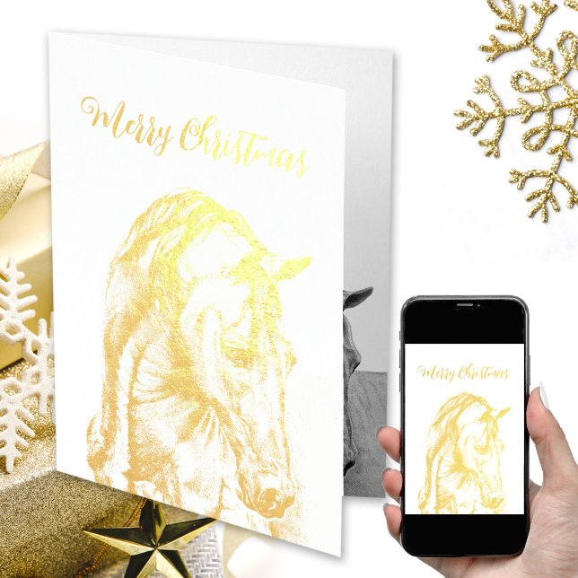 Horse art teckning real foil God jul Folierat Kort (Real gold foil horse art Christmas card, gold Merry Christmas, gold horse, horse lover, equestrian)
