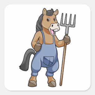 Horse as Farmer med Rake Fyrkantigt Klistermärke