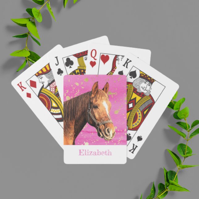 Horse Back Riding Animal Namn Rosa Guld Equestrian Casinokort (horse back riding pink watercolor personalized playing cards.)