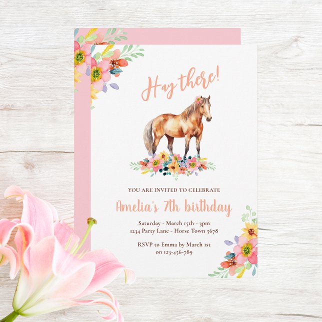 Horse Birthday Blommigt Pony Rosa Inbjudningar (Skapare uppladdad)