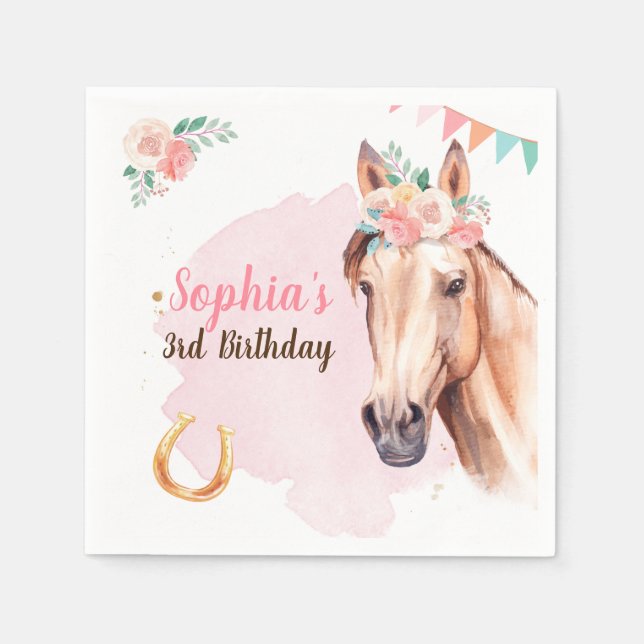 Horse Birthday Cowgirl Party Napkins Girl Rosa Pappersservett (Framsidan)