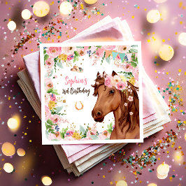 Horse Birthday Girl Rosa Blommigt Party Pappersservett