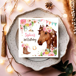 Horse Birthday Girl Rosa Blommigt Party Pappersservett
