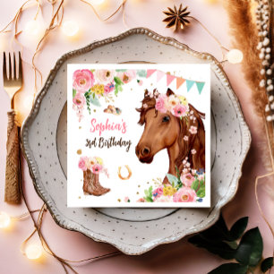 Horse Birthday Girl Rosa Blommigt Party Pappersservett