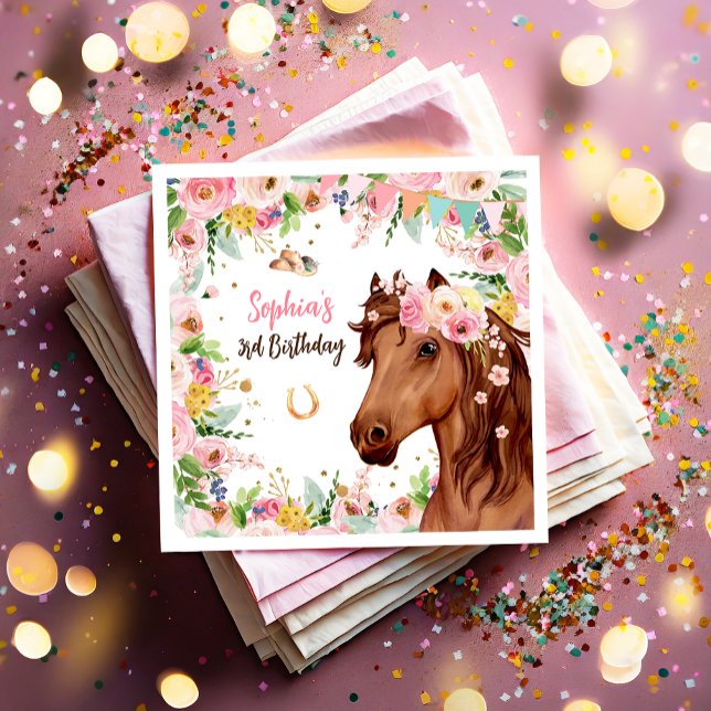 Horse Birthday Girl Rosa Blommigt Party Pappersservett (Skapare uppladdad)