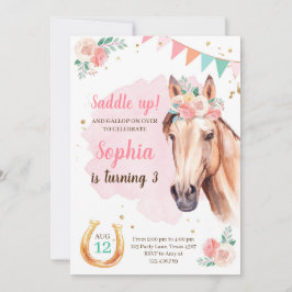 Horse Birthday Inbjudan Girl Cowgirl Rosa Watercol