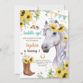 Horse Birthday Inbjudan Girl Cowgirl SunblommBlue