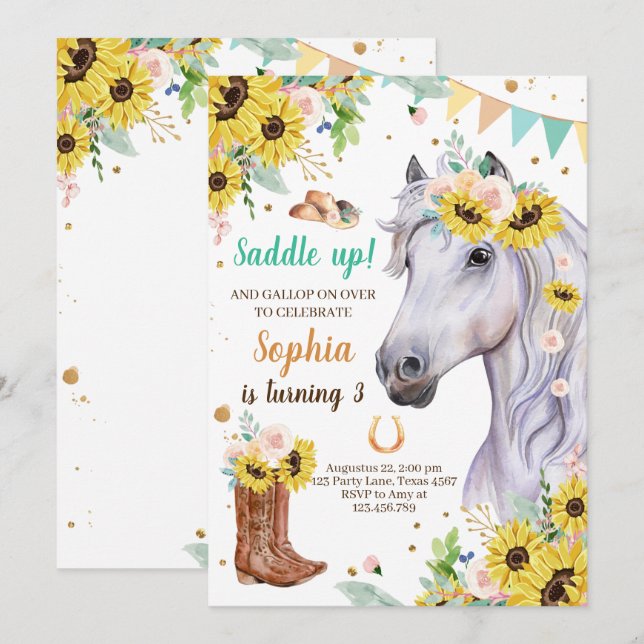 Horse Birthday Inbjudan Girl Cowgirl SunblommBlue (Fram/baksida)